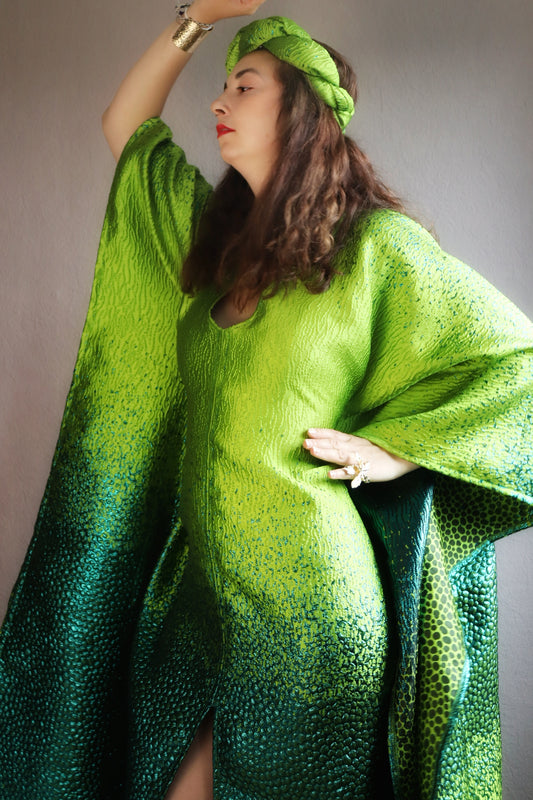 Green boubou dress with matching head piece