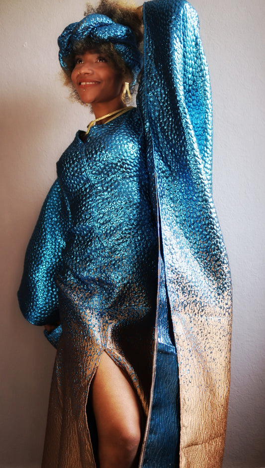 Blue/gold boubou dress with matching headpiece